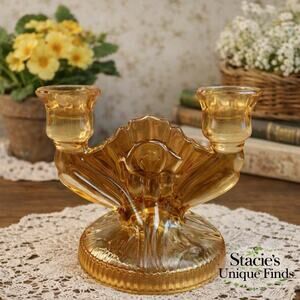 Vintage Amber Glass Double Candlestick Art Deco Floral Base